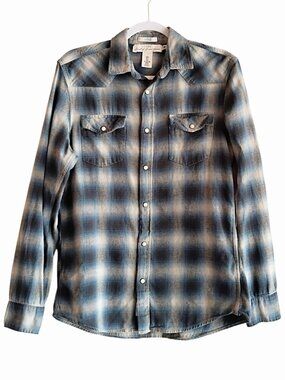 H&M L.O.G.G. Men's Shirt Blue Gray Plaid Snap Button Down Cotton SMALL